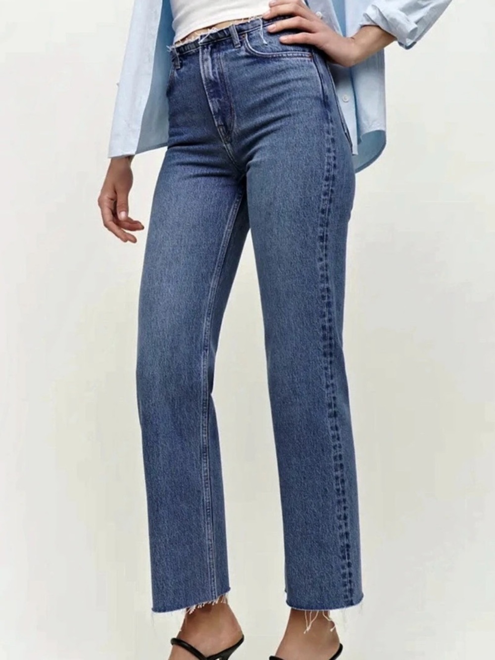 Reformation Mariah Cut Off Waistband Straight Jeans 23 Blue Frayed Raw Hem